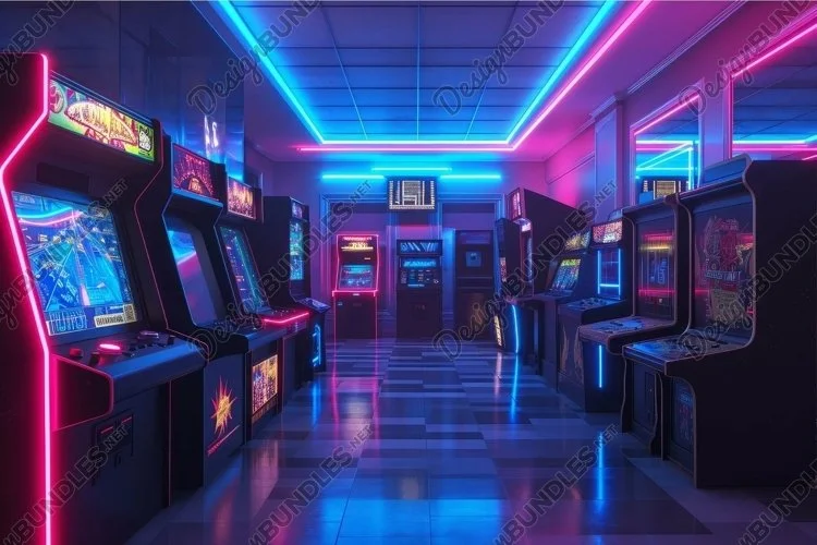 霓虹老虎机赛博朋克游戏厅场景