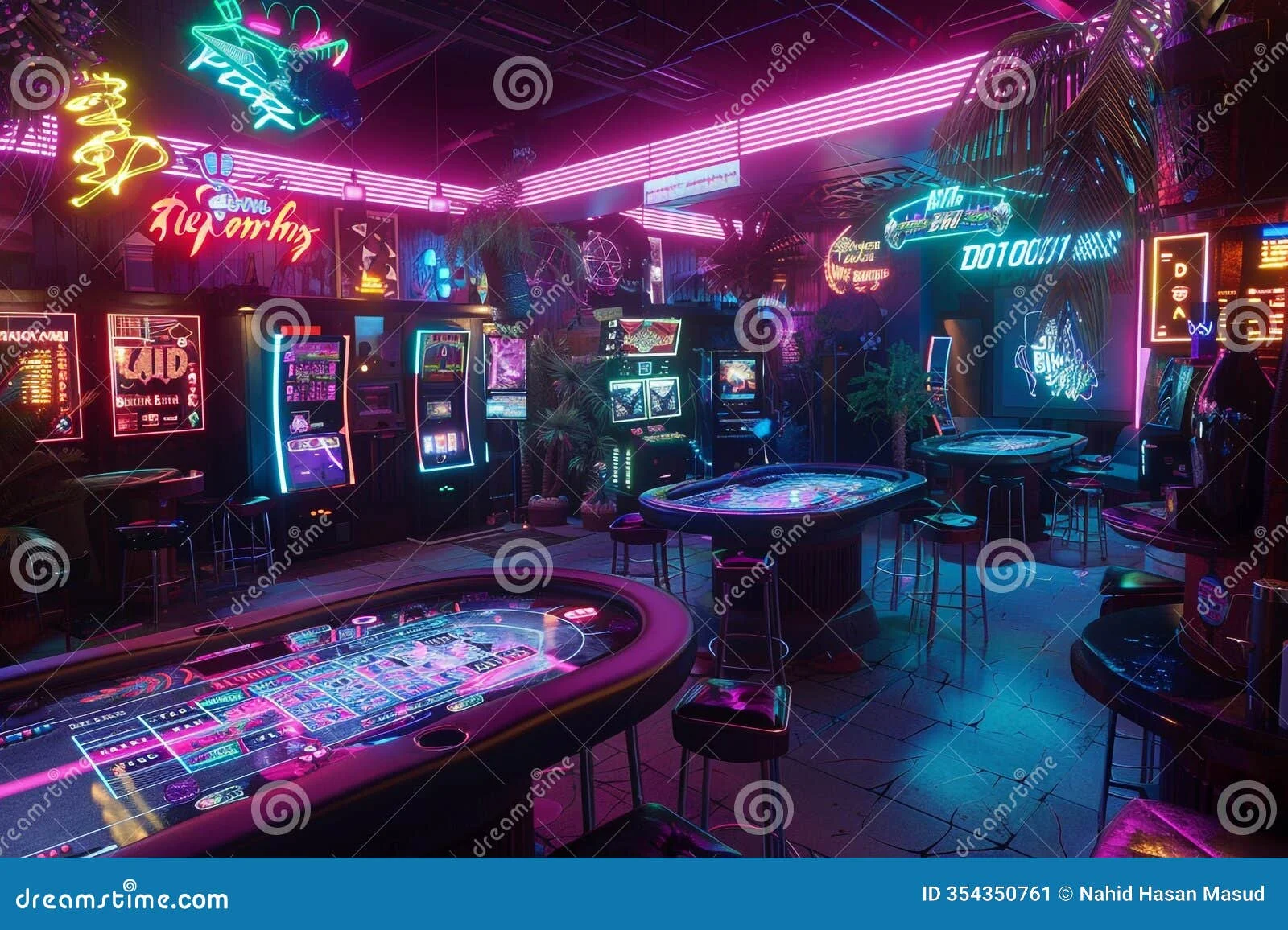 赛博轮盘霓虹赌场夜景